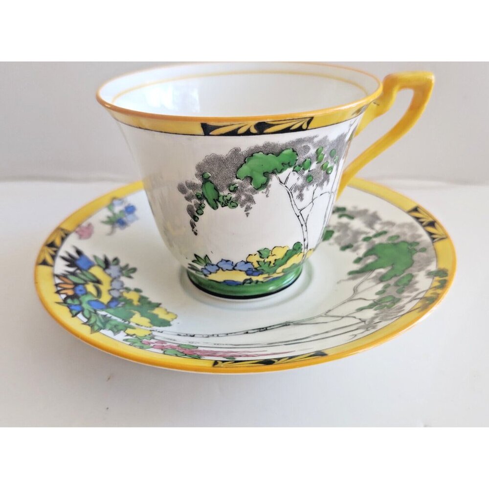 Antique Adderley Ware England Silver Birch Bone China Teacup & Saucer 1910-1919